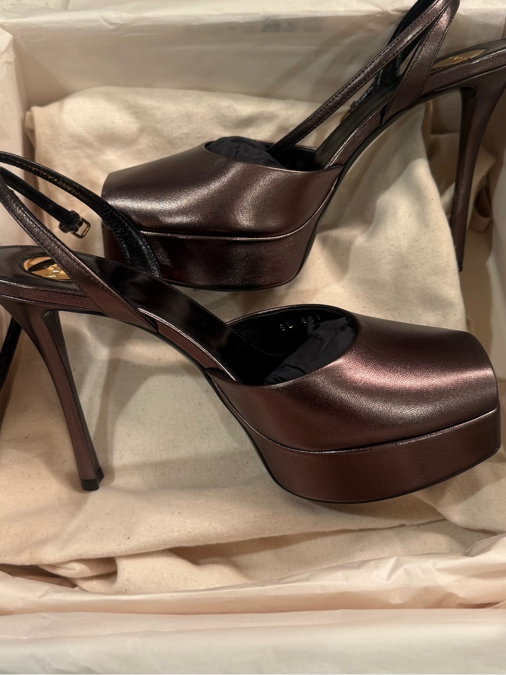 Saint Laurent Bronze Metallic Peep-Toe Ankle-Strap Sandals Le Scandale - Picture 5 of 10